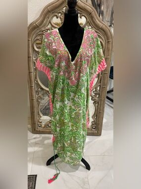 Bright Pink & Green Printed Kaftan Dress